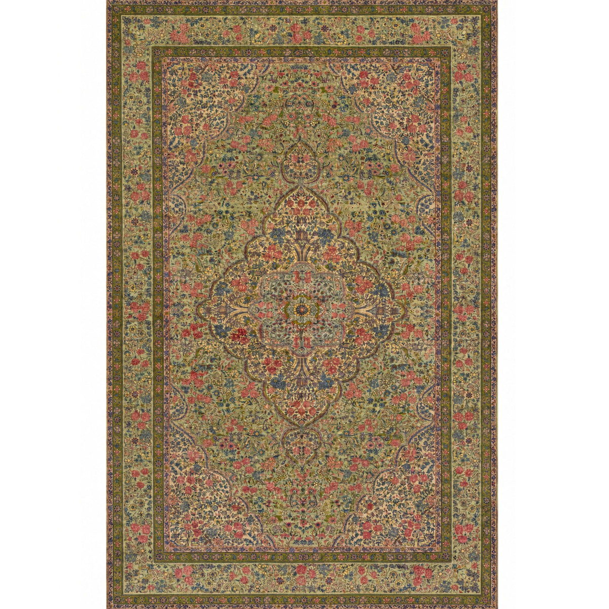 ANTIQUE PERSIAN FINE LAVAR KIRMAN GREEN 9'6" X 15'7"