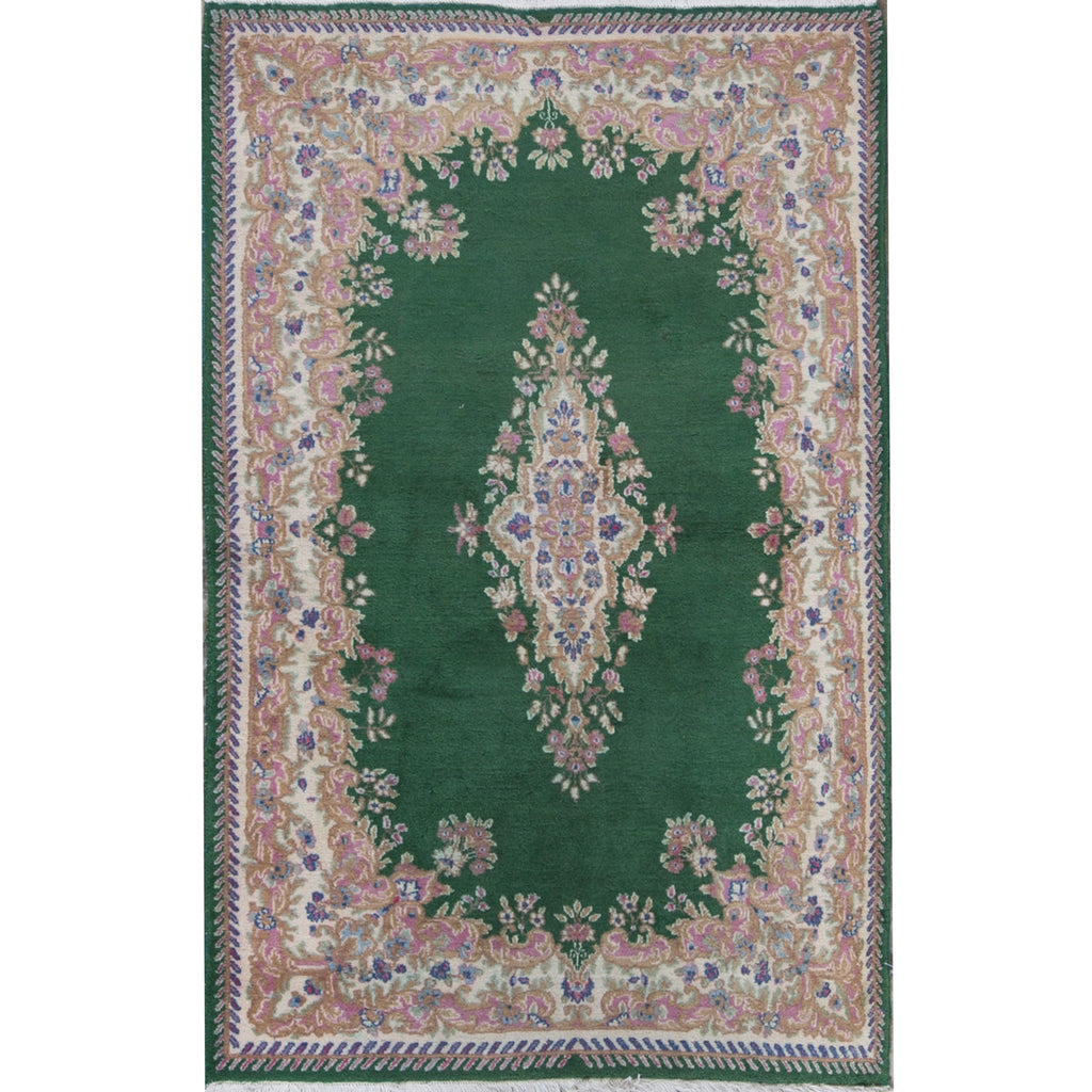 SEMI-ANTIQUE KIRMAN GREEN / IVORY 4' X 6'