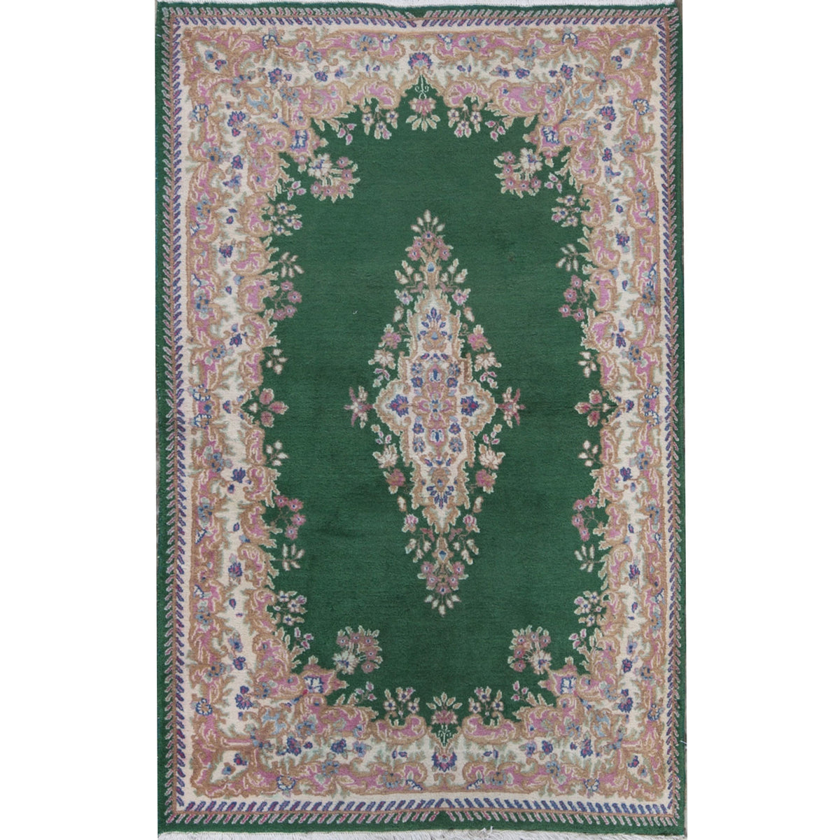 SEMI-ANTIQUE KIRMAN GREEN / IVORY 4' X 6'