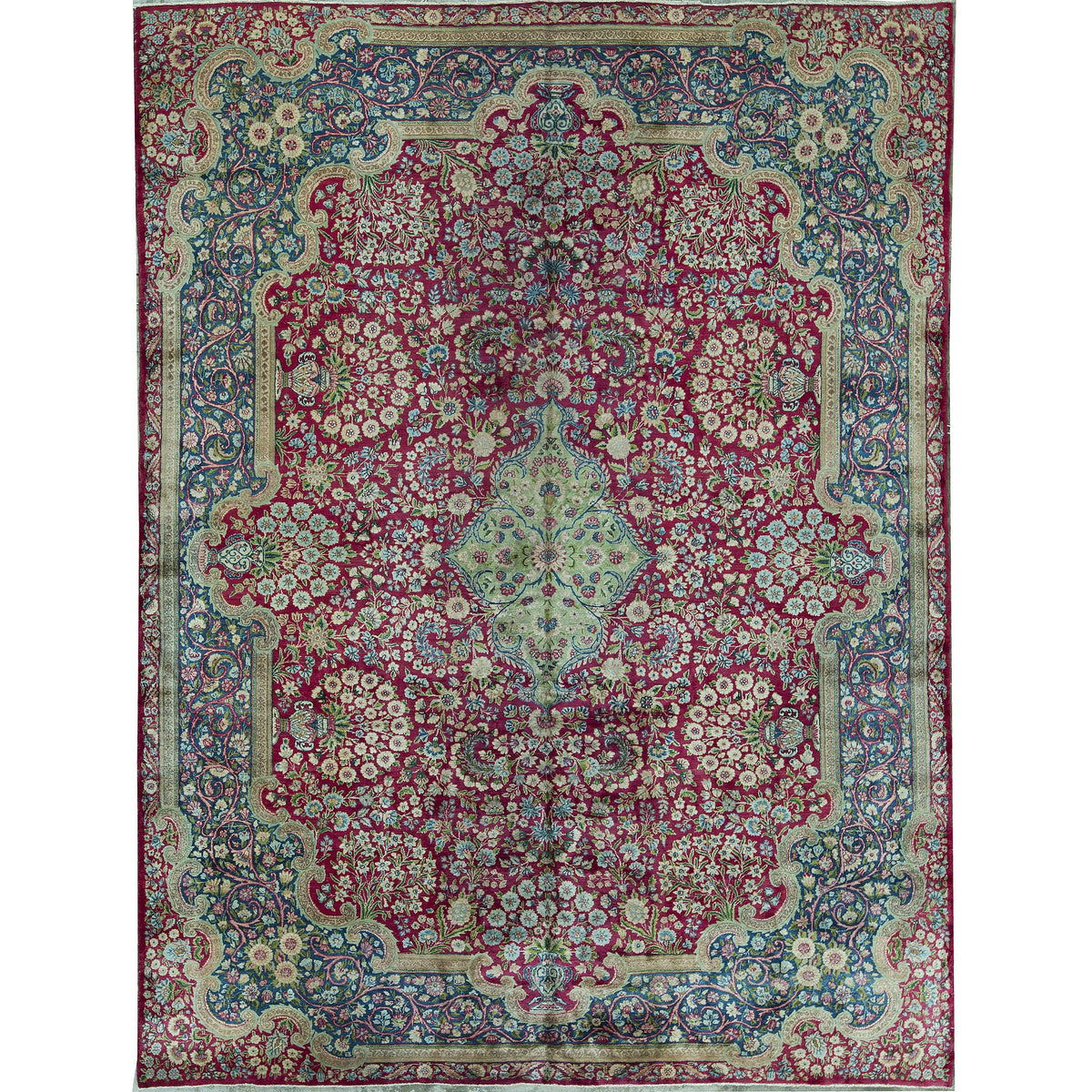SEMI-ANTIQUE KIRMAN RED / BLUE 9'1" X 12'1"