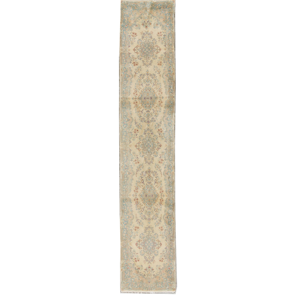 SEMI-ANTIQUE KIRMAN IVORY / BLUE 2'4" X 12'5"