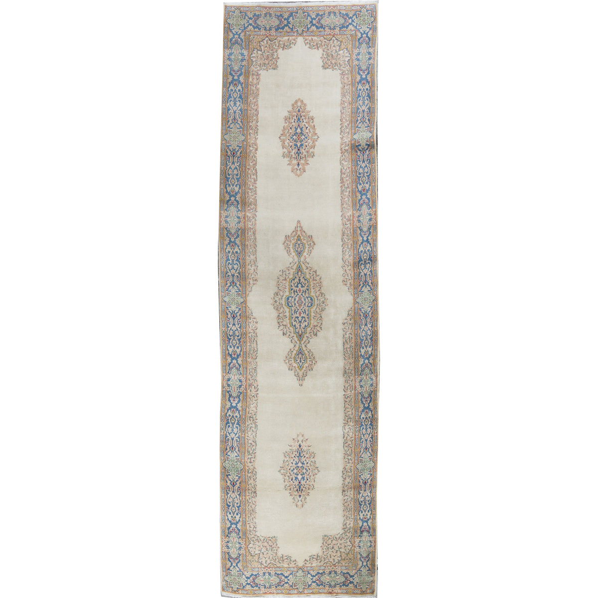 SEMI-ANTIQUE KIRMAN IVORY / BLUE 4' X 15'2"