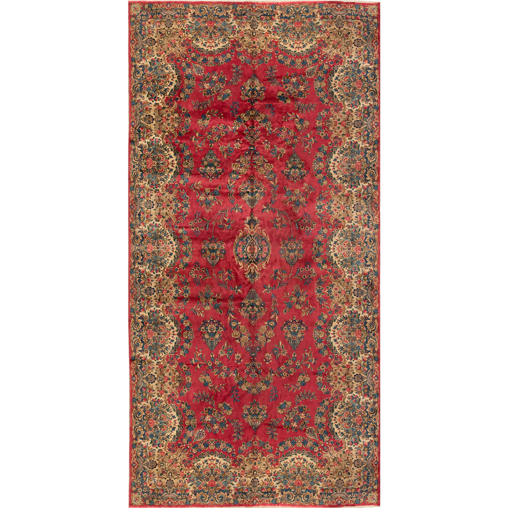 SEMI-ANTIQUE KIRMAN RED / IVORY 9'10" X 20'9"