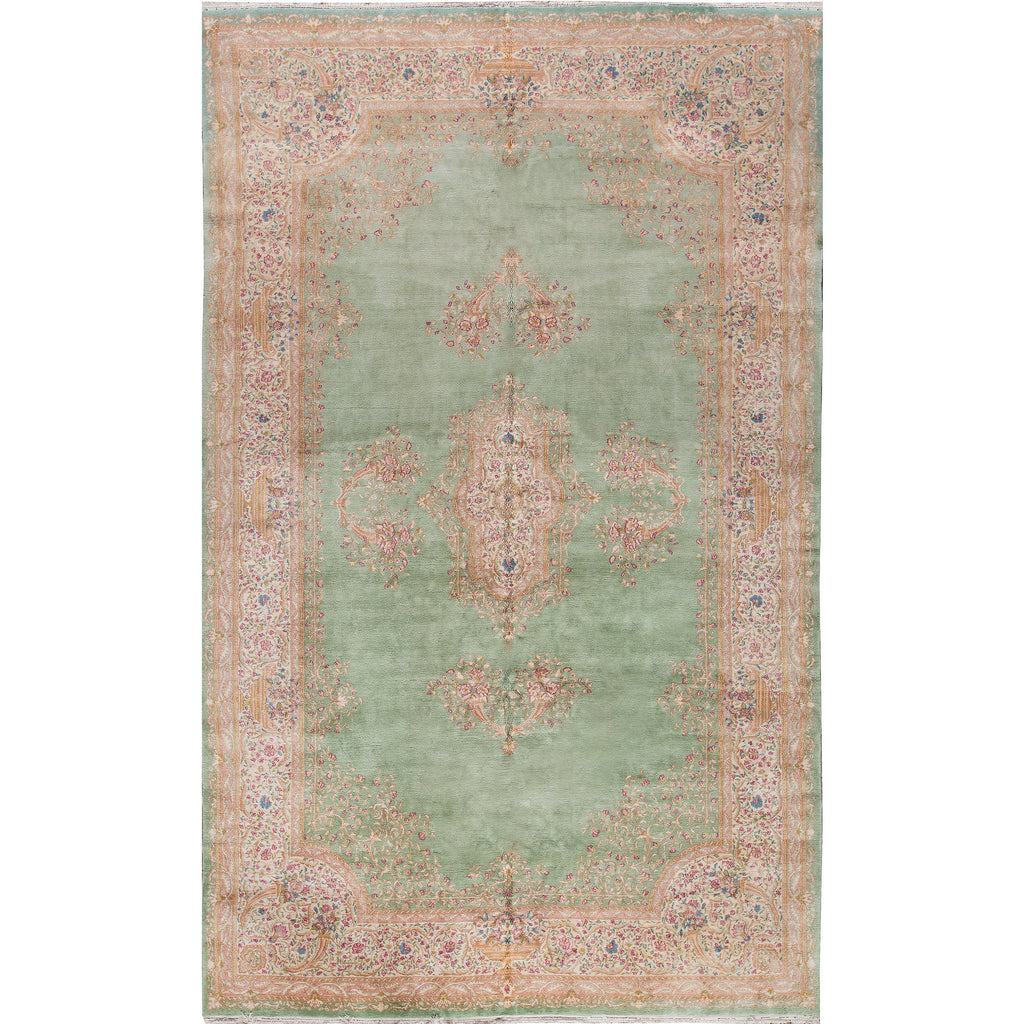 SEMI-ANTIQUE KIRMAN LIGHT GREEN / IVORY 10'8" X 17'8"