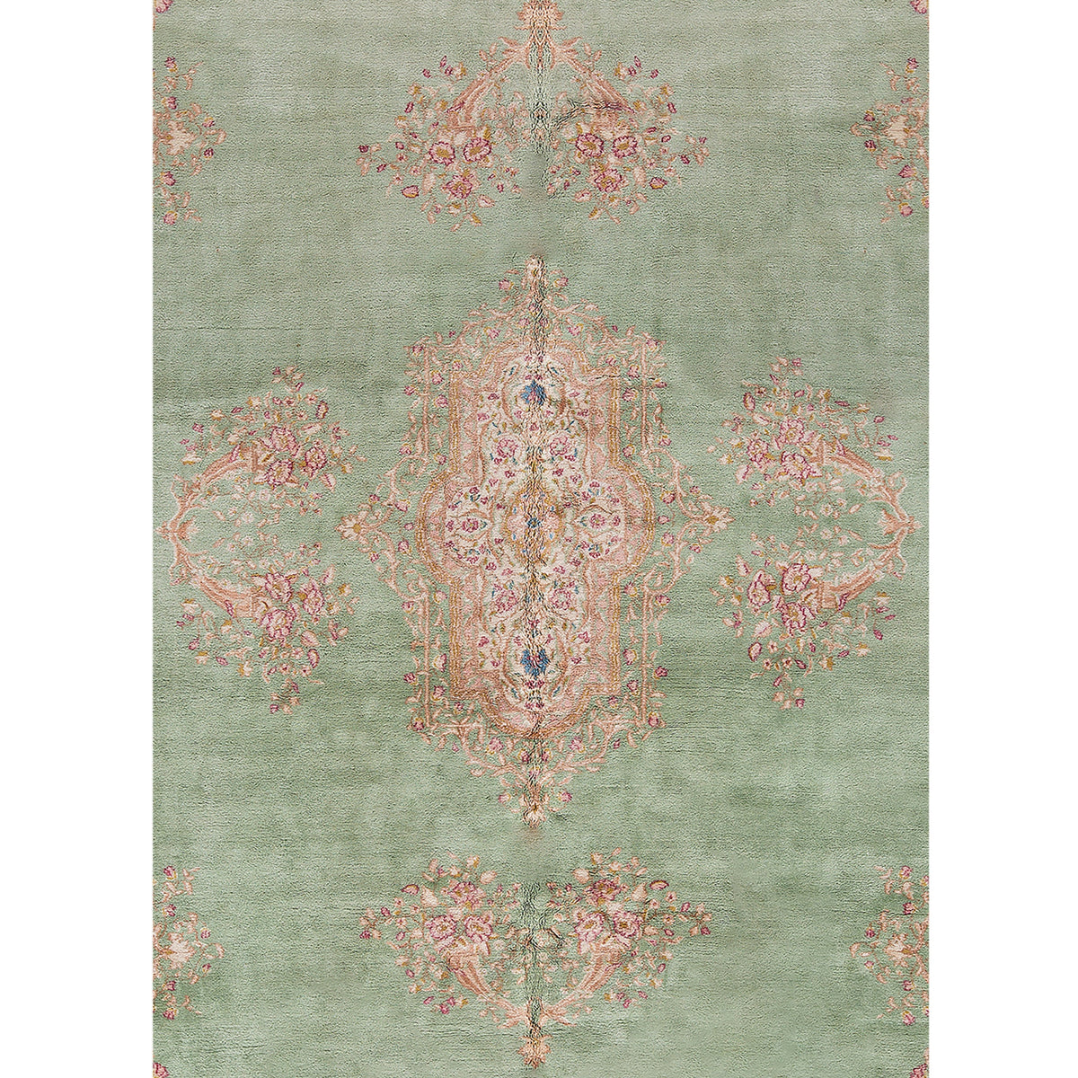 SEMI-ANTIQUE KIRMAN LIGHT GREEN / IVORY 10'8" X 17'8"