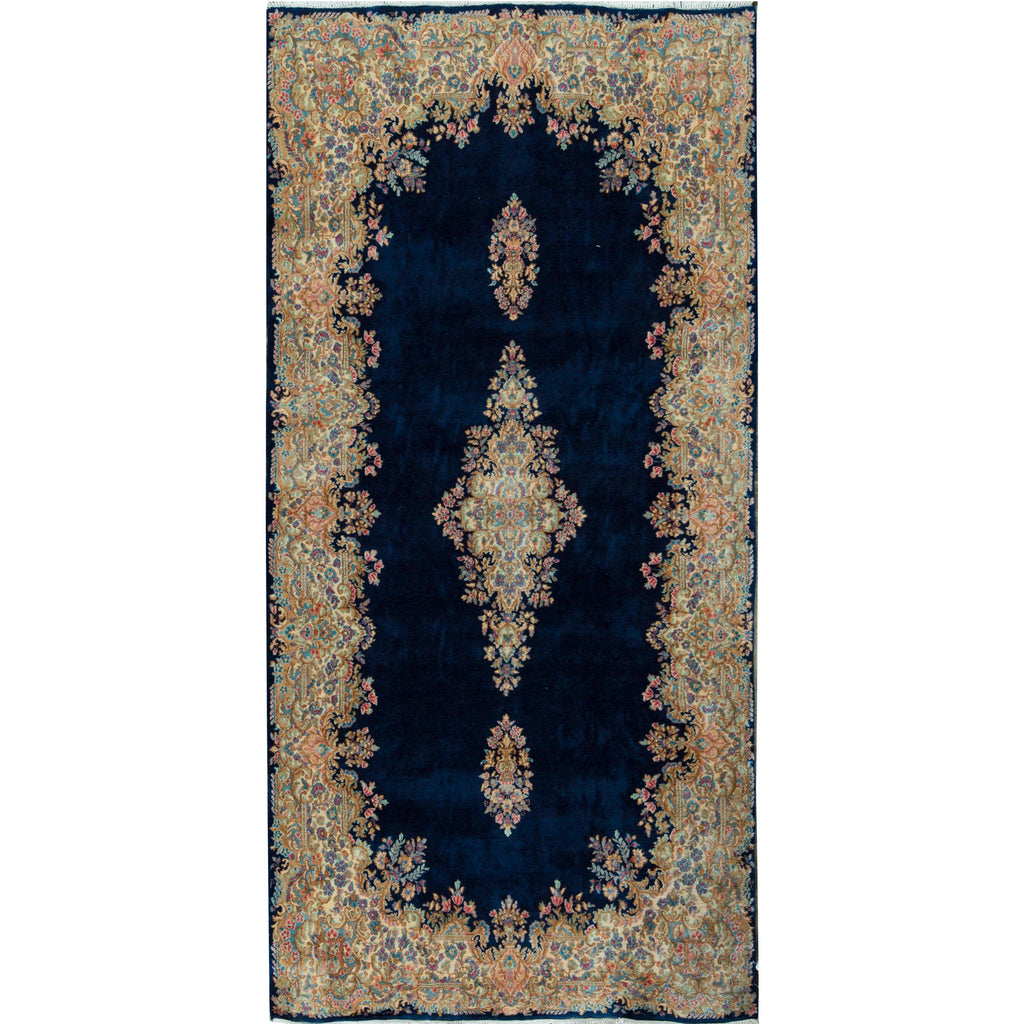 SEMI-ANTIQUE KIRMAN DARK BLUE / IVORY 5'8" X 11'8"