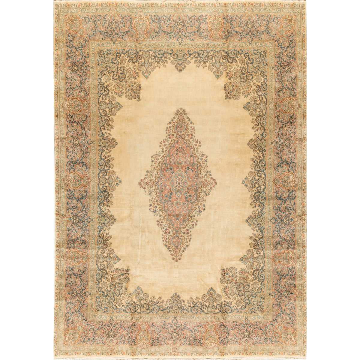 SEMI-ANTIQUE KIRMAN IVORY / LIGHT BLUE 13'8" X 18'