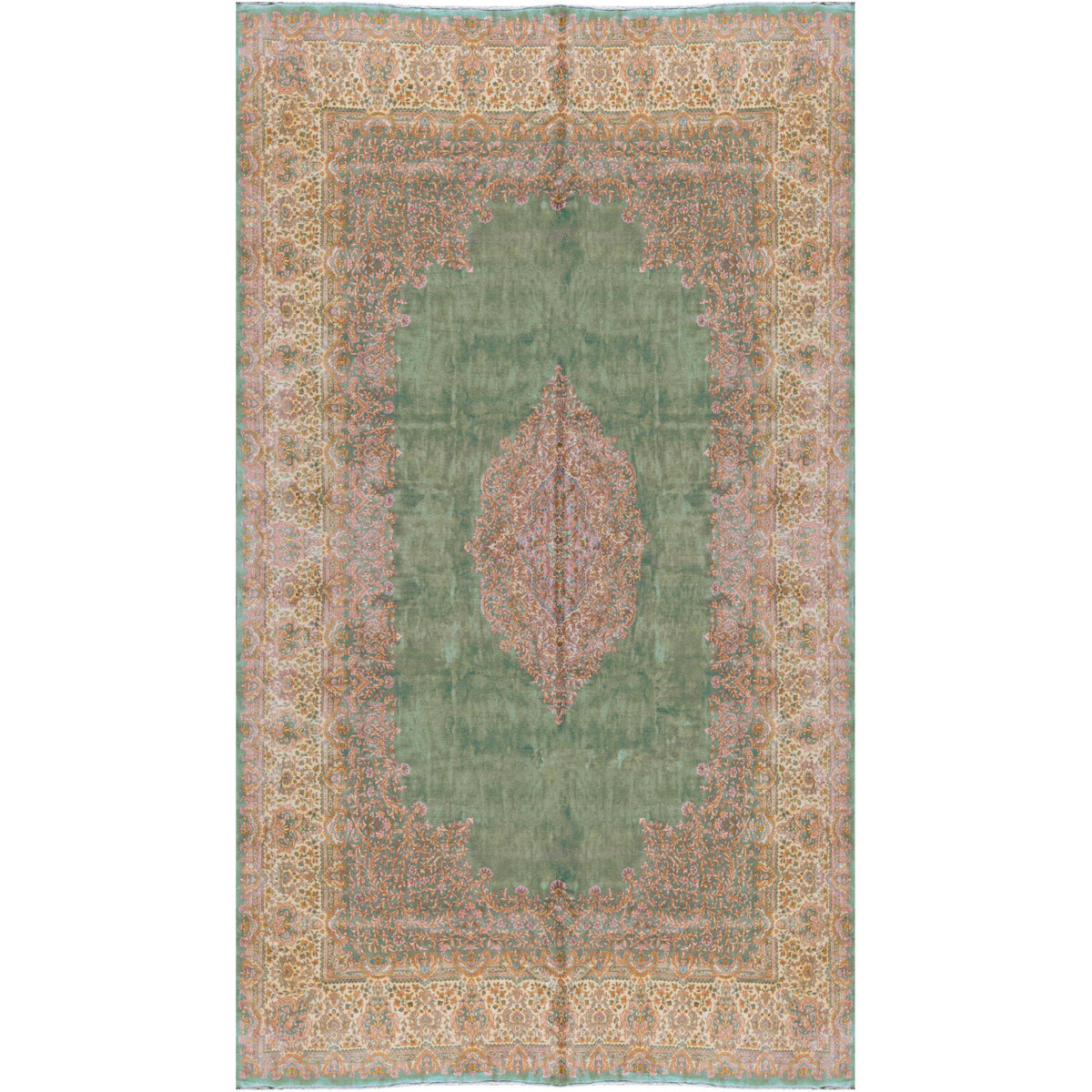 SEMI-ANTIQUE KIRMAN LIGHT GREEN / IVORY 14'2" X 21'10"