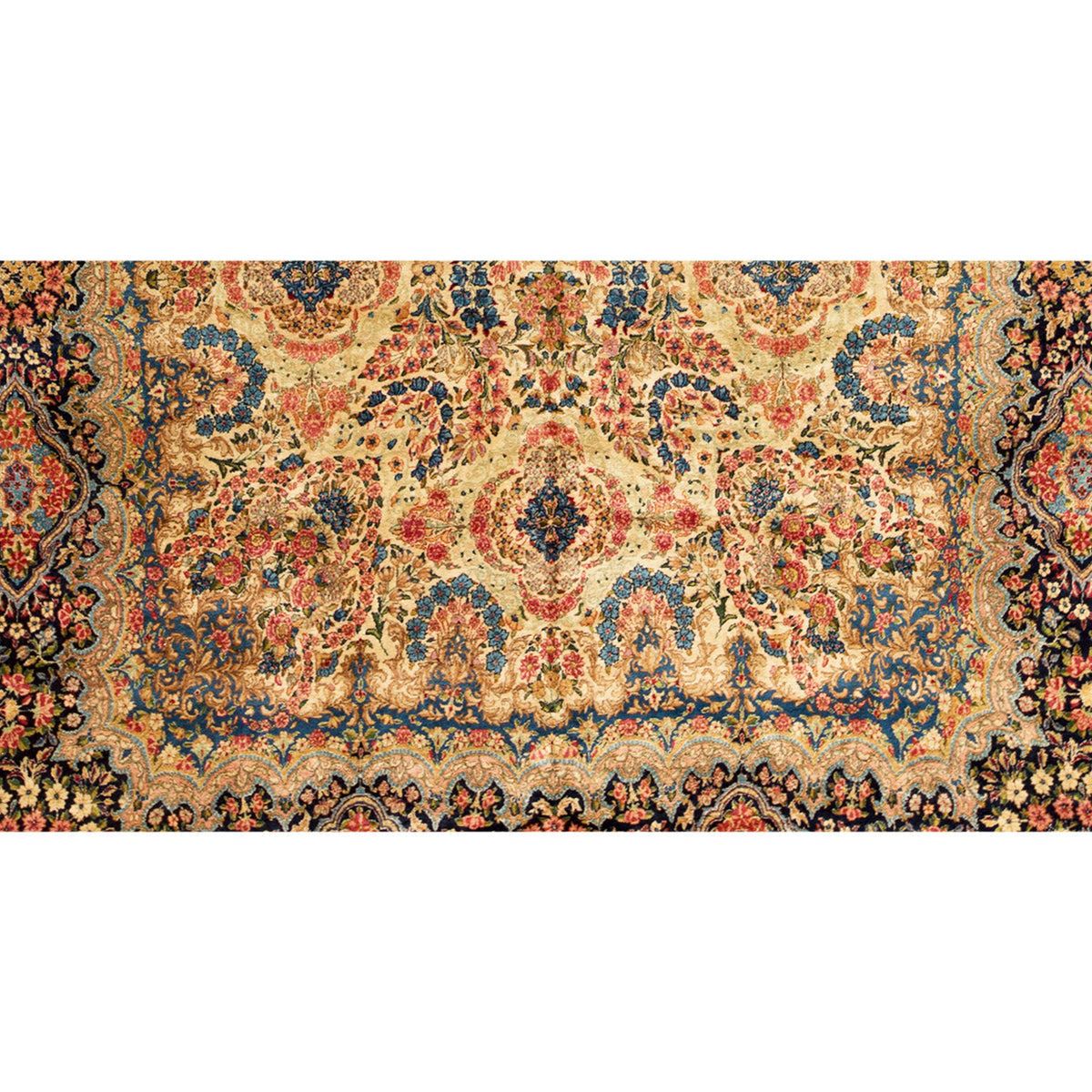 SEMI-ANTIQUE KIRMAN IVORY / NAVY 9'9" X 17'3"
