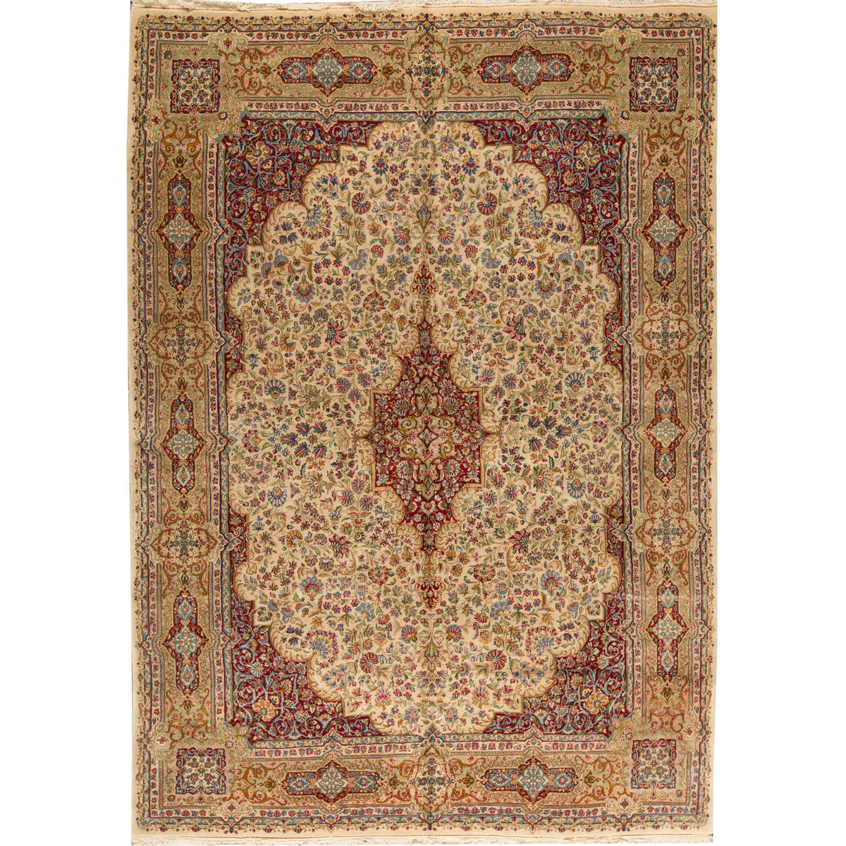 SEMI-ANTIQUE KIRMAN IVORY / RED 9'10" X 13'9"