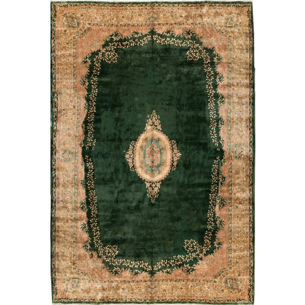 SEMI-ANTIQUE KIRMAN DARK GREEN / IVORY 11'8" X 20'8"