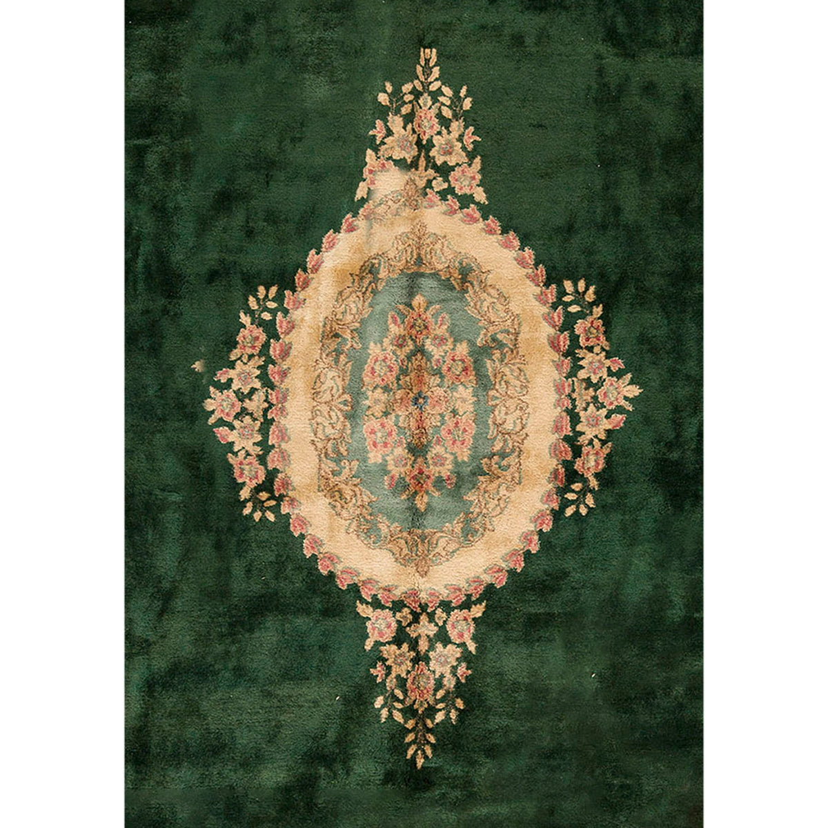 SEMI-ANTIQUE KIRMAN DARK GREEN / IVORY 11'8" X 20'8"