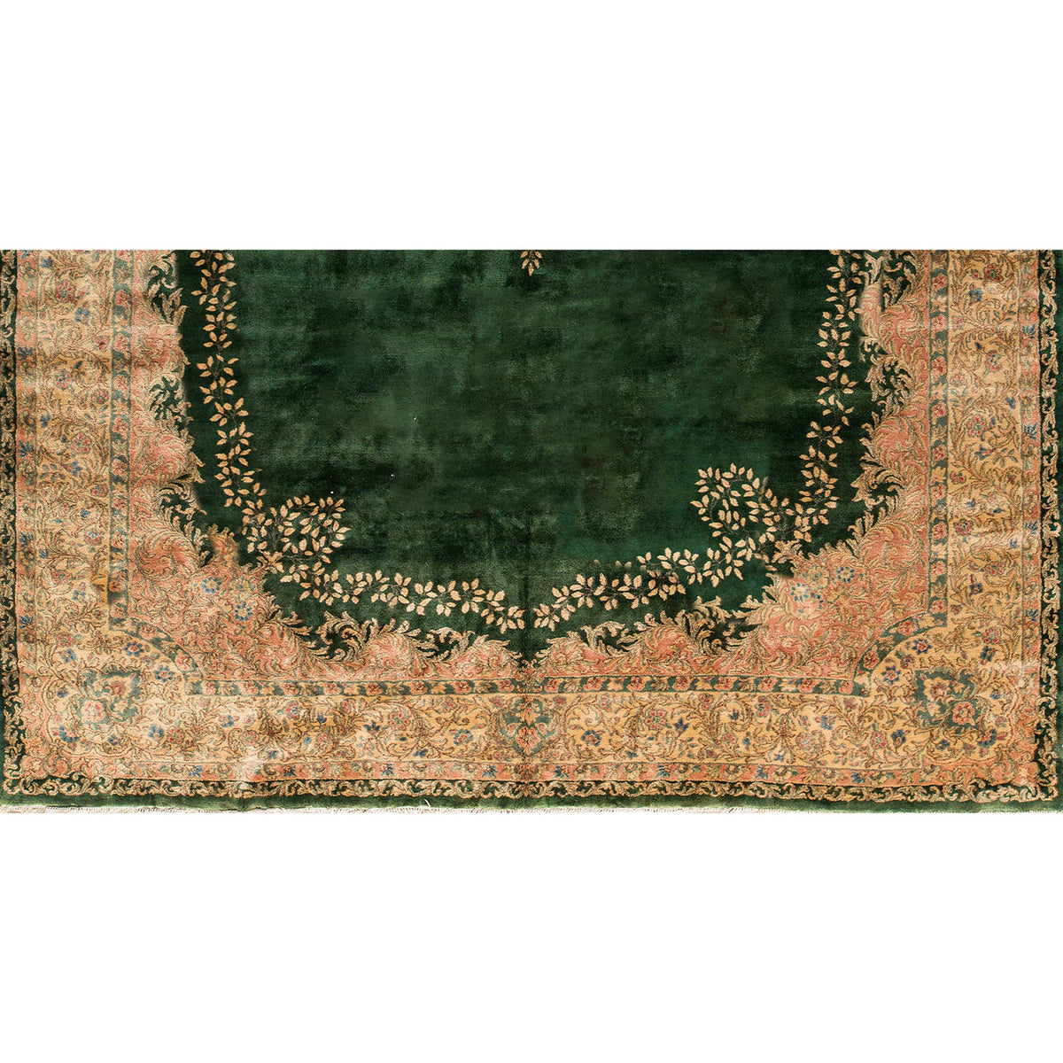 SEMI-ANTIQUE KIRMAN DARK GREEN / IVORY 11'8" X 20'8"