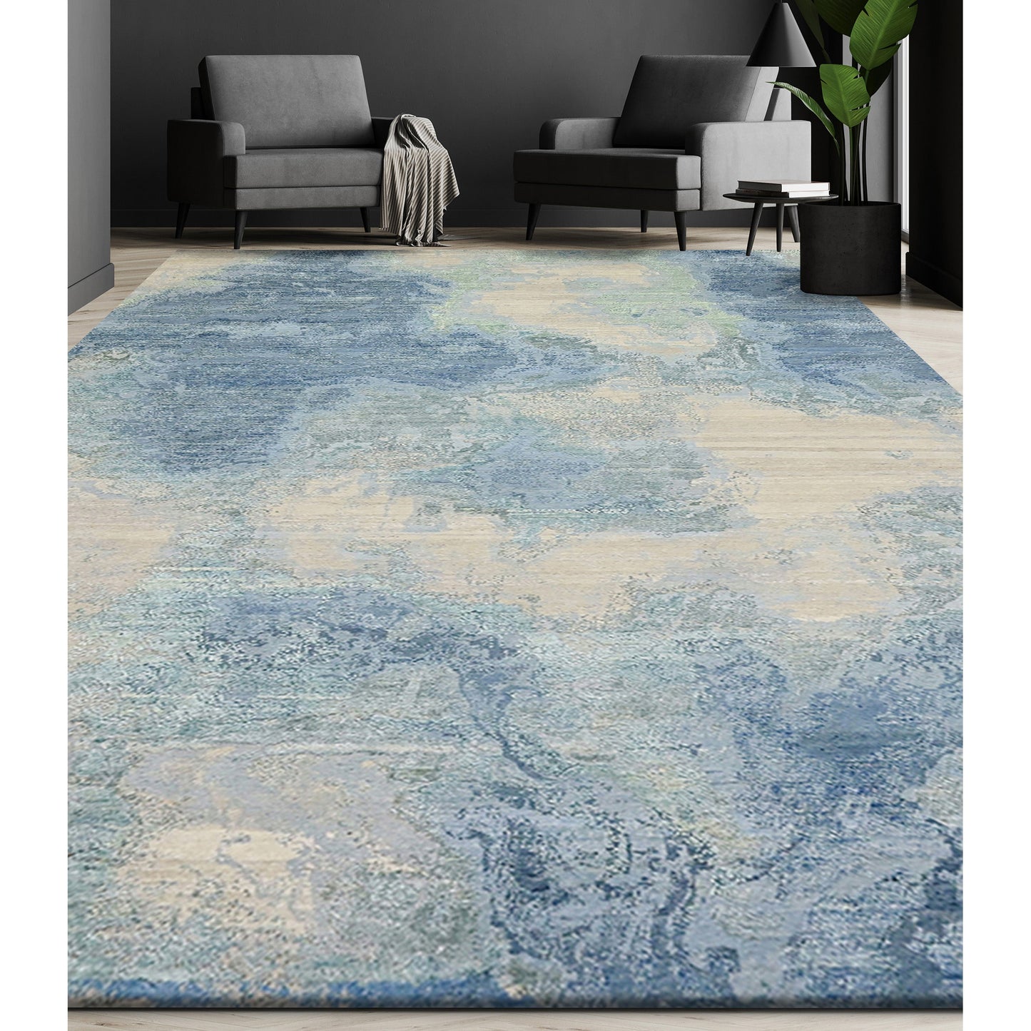CANVAS ART W/ SILK J1064 IVORY / LIGHT BLUE