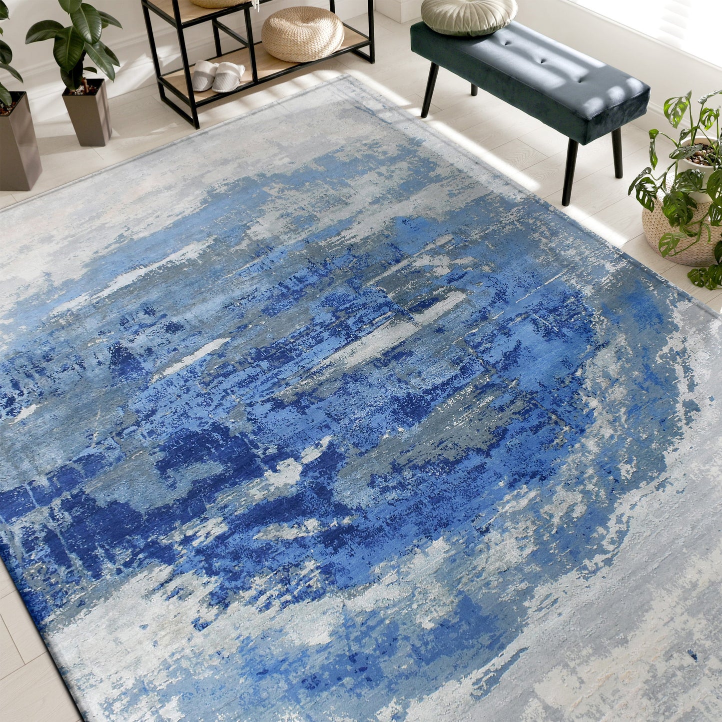 CANVAS ART W/ SILK J2062 SILVER / BLUE