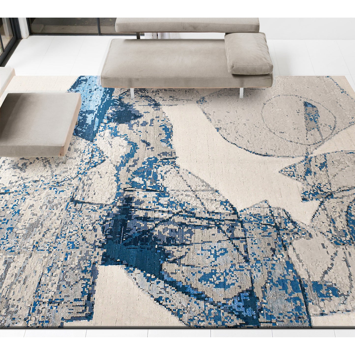 CANVAS ART W/ SILK JC725 IVORY / BLUE