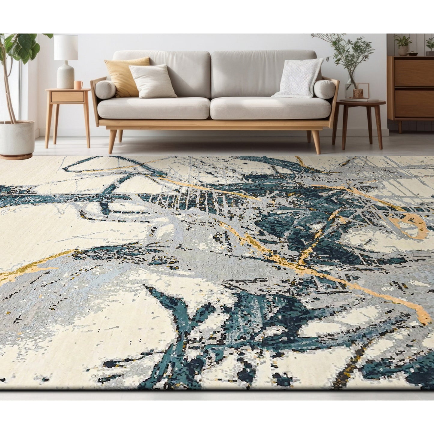 CANVAS ART W/ SILK JC726 IVORY / TEAL BLUE