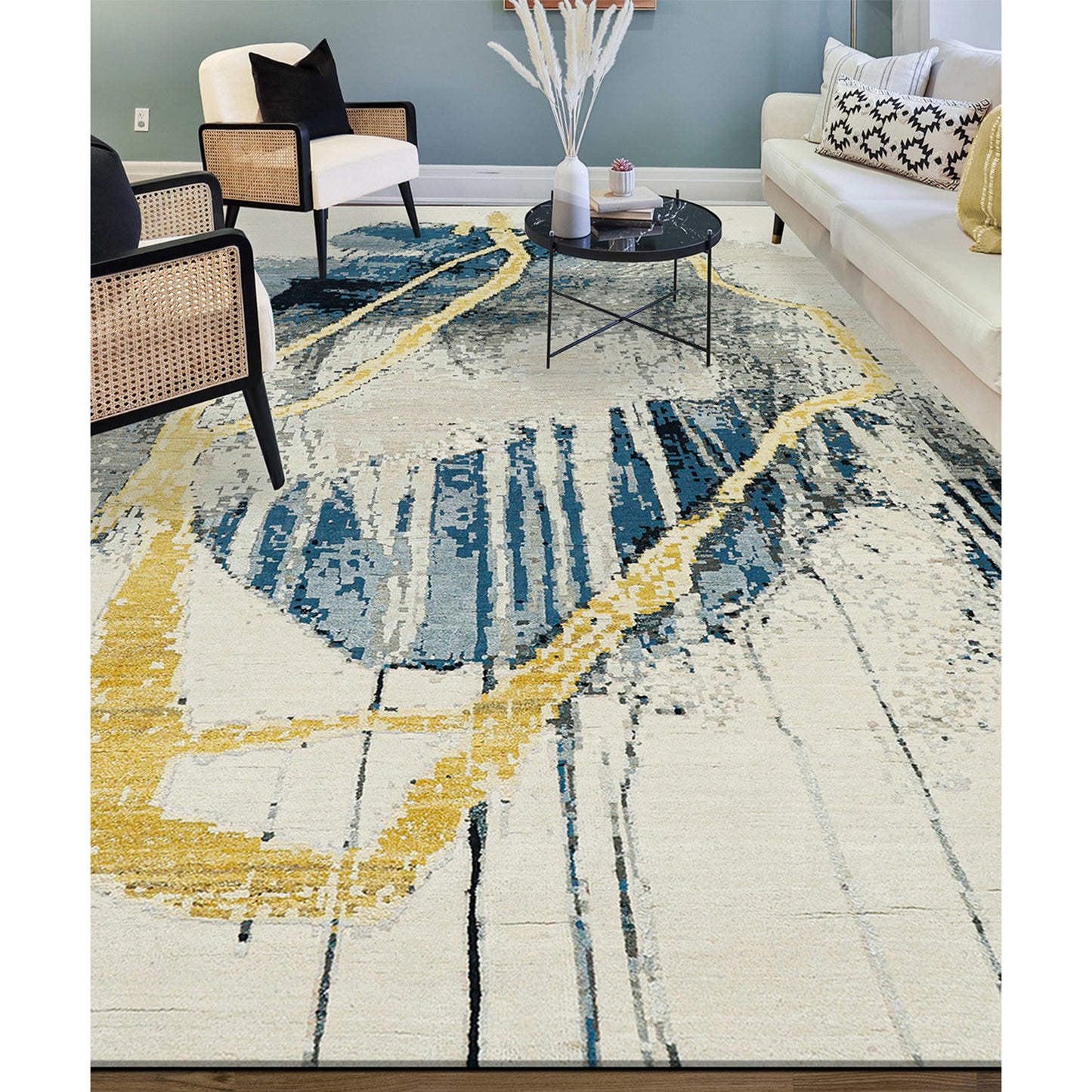 CANVAS ART W/ SILK JC743 IVORY / BLUE
