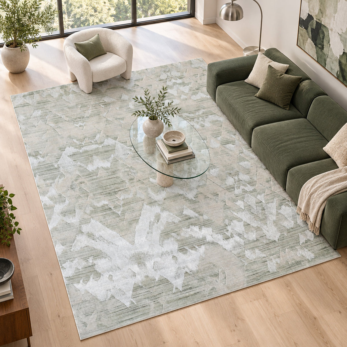 HANDLOOMED JACQUARD RK504 IVORY / GREEN