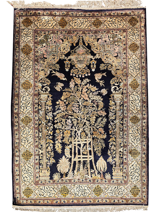 ANTIQUE PERSIAN FINE GHOM NAVY / IVORY