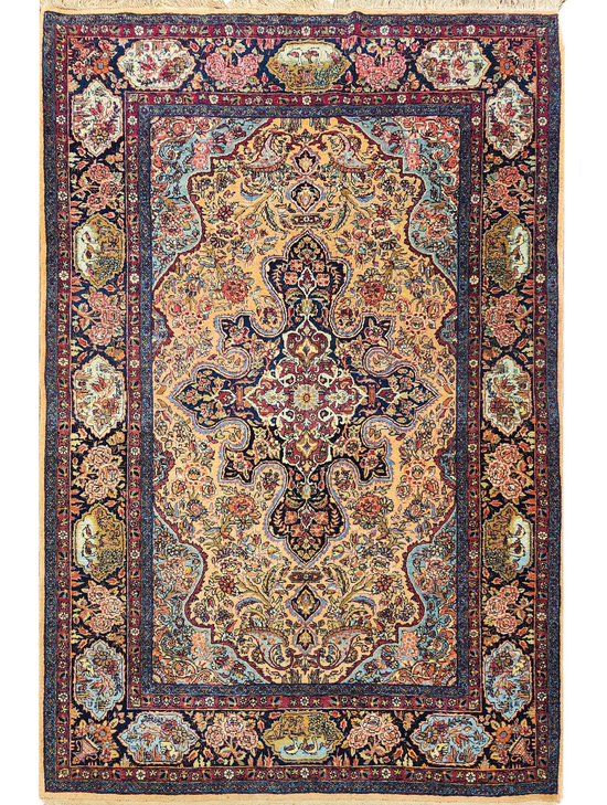 ANTIQUE PERSIA FINE KASHAN GOLD / NAVY