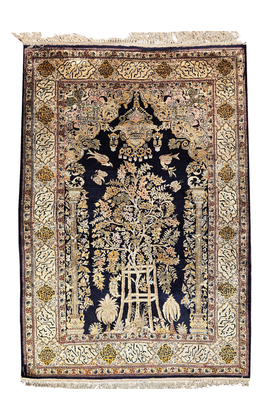 ANTIQUE PERSIAN FINE GHOM NAVY / IVORY
